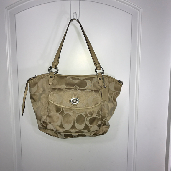 Coach Signature Leah Khaki Tote Handbag Shoulder Bag EUC - Picture 1 of 10